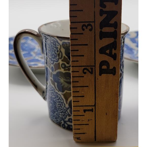 Set of 2 Blue and Brown Floral Patterned Demitasse Espresso cups with saucers - Picture 5 of 5